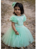 Short Sleeves Mint Tulle Pearls Beaded Fashion Flower Girl Dress